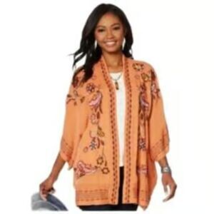 Curations | Rust Floral Embroidered Open Front Duster Kimono Cardigan Hippie M/L